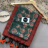 Orange Handloom Khadi Cotton Saree With Green Flower Print Blouse